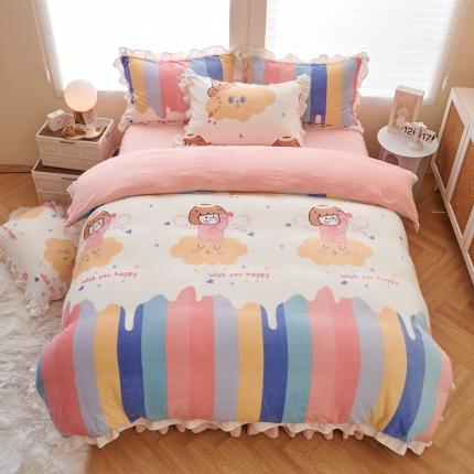 2023新款包小包高克重小清新印花花边牛奶绒四件套彩虹女孩