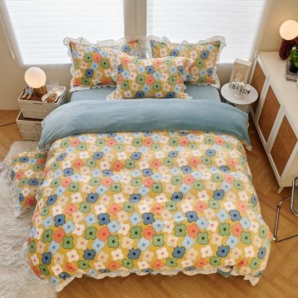 2023新款包小包 高克重小清新印花花边牛奶绒四件套 小黄花