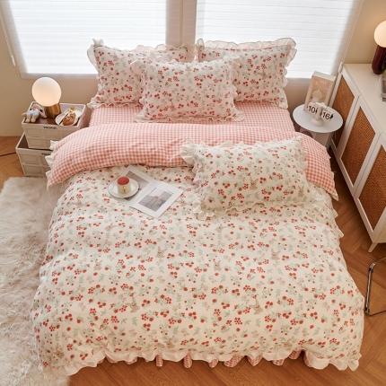 2023新款 包小包高克重小清新印花花边牛奶绒四件套 茶小兔