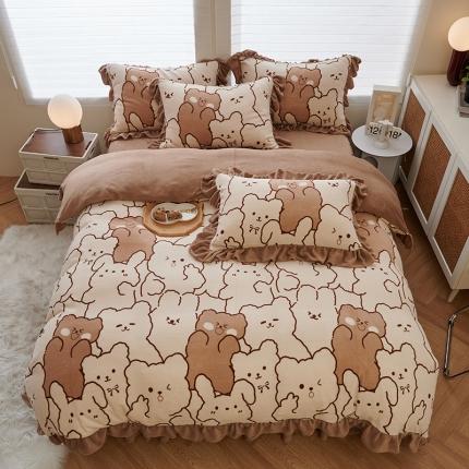 2023新款 包小包高克重小清新印花花边牛奶绒四件套好朋友们