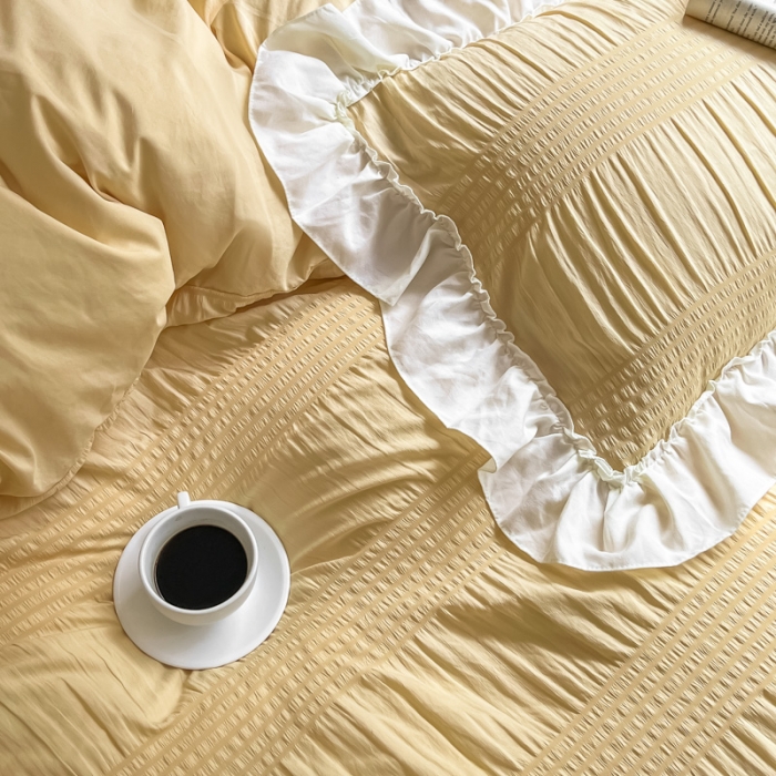 91家纺网 家纺一手货源 找家纺 慕澄2022新款直播爆款仙女泡泡纱四件套 黄玉米