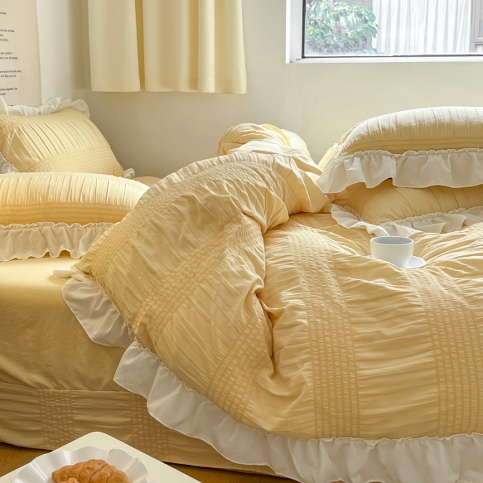 91家纺网 家纺一手货源 找家纺 慕澄2022新款直播爆款仙女泡泡纱四件套 黄玉米