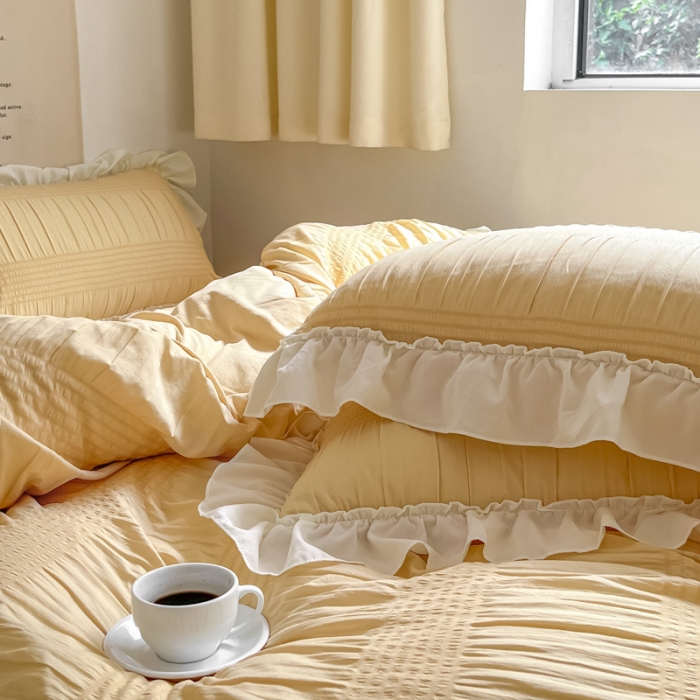 91家纺网 家纺一手货源 找家纺 慕澄2022新款直播爆款仙女泡泡纱四件套 黄玉米