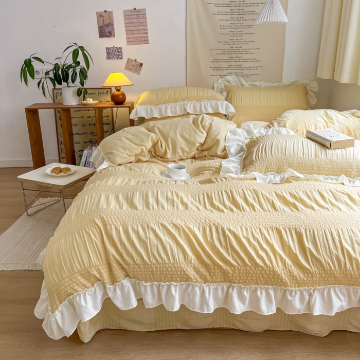 91家纺网 家纺一手货源 找家纺 慕澄2022新款直播爆款仙女泡泡纱四件套 黄玉米