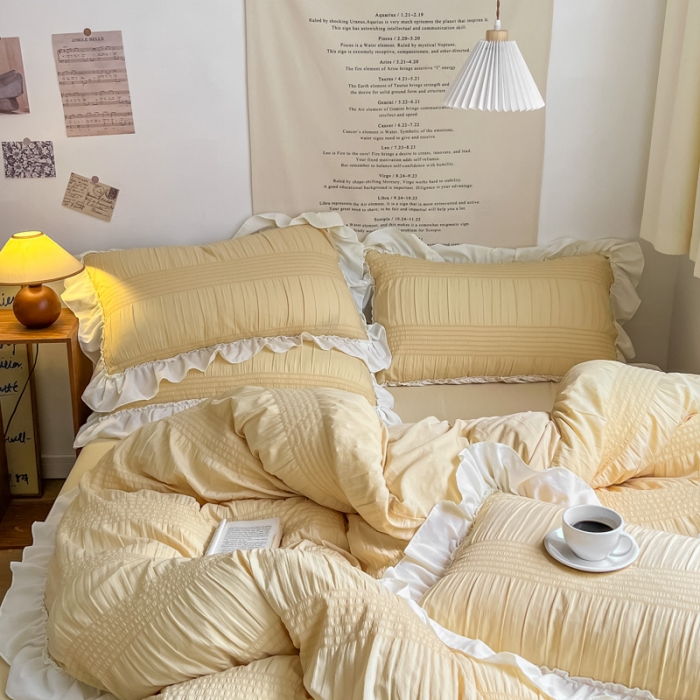 91家纺网 家纺一手货源 找家纺 慕澄2022新款直播爆款仙女泡泡纱四件套 黄玉米