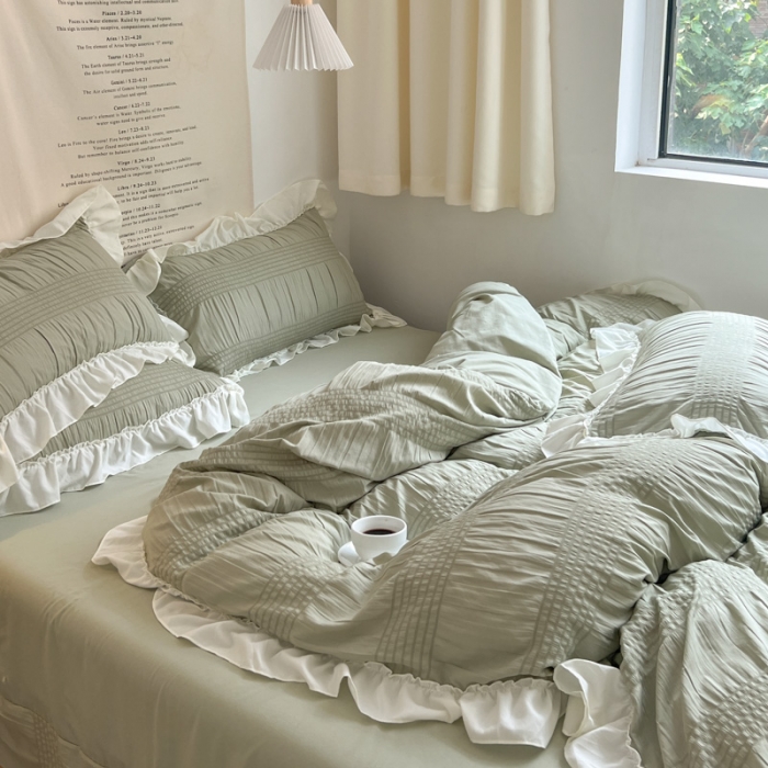 91家纺网 家纺一手货源 找家纺 慕澄2022新款直播爆款仙女泡泡纱四件套 芥绿绿