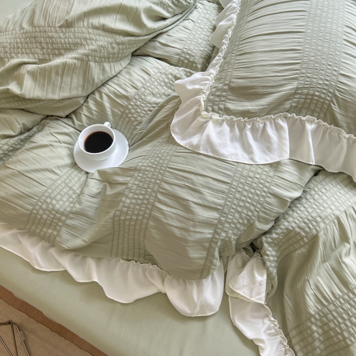 91家纺网 家纺一手货源 找家纺 慕澄2022新款直播爆款仙女泡泡纱四件套 芥绿绿