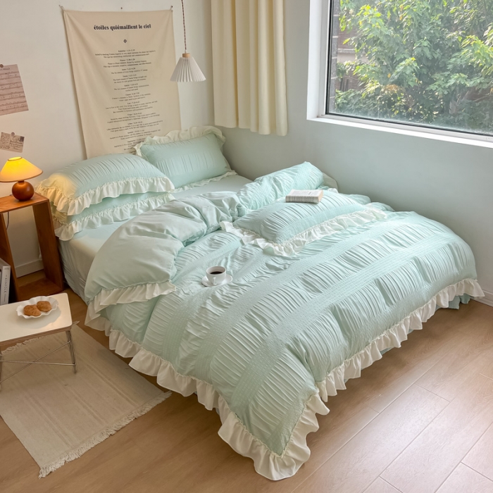 91家纺网 家纺一手货源 找家纺 慕澄2022新款直播爆款仙女泡泡纱四件套 烟蓝蓝