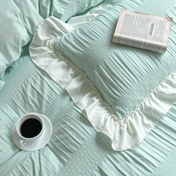 91家纺网 家纺一手货源 找家纺 慕澄2022新款直播爆款仙女泡泡纱四件套 烟蓝蓝