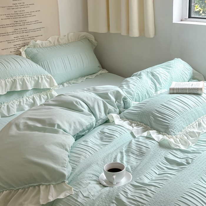 91家纺网 家纺一手货源 找家纺 慕澄2022新款直播爆款仙女泡泡纱四件套 烟蓝蓝