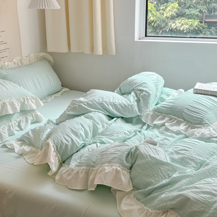 91家纺网 家纺一手货源 找家纺 慕澄2022新款直播爆款仙女泡泡纱四件套 烟蓝蓝