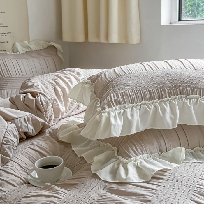 91家纺网 家纺一手货源 找家纺 慕澄2022新款直播爆款仙女泡泡纱四件套 朱灰灰