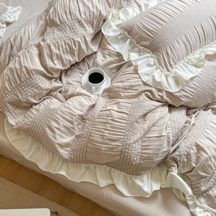 91家纺网 家纺一手货源 找家纺 慕澄2022新款直播爆款仙女泡泡纱四件套 朱灰灰