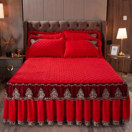 91家纺网 家纺一手货源 找家纺 家之硕 2022新款水晶绒夹棉床裙三件套系列-幸运花 中国红