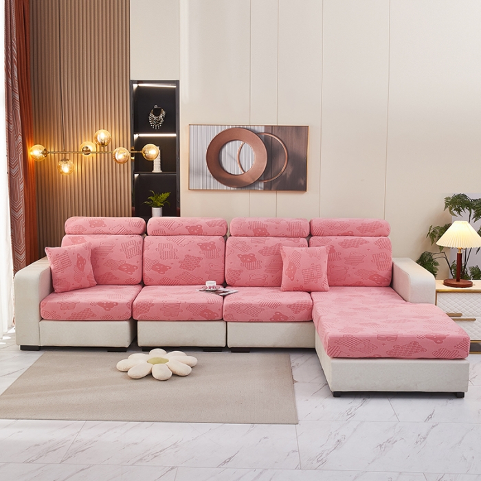 91家纺网 家纺一手货源 找家纺 逐日沙发套 2023新款阳离子雕花沙发套 饼干熊 粉红