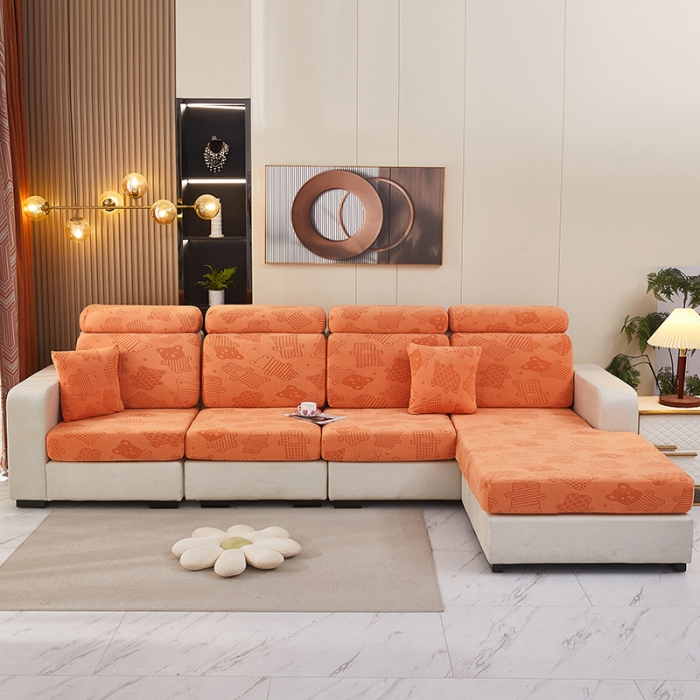 91家纺网 家纺一手货源 找家纺 逐日沙发套 2023新款阳离子雕花沙发套 饼干熊 桔黄