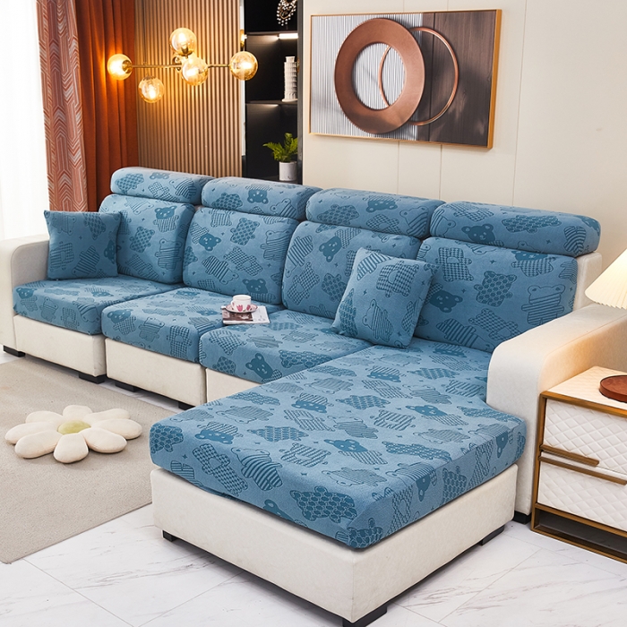 91家纺网 家纺一手货源 找家纺 逐日沙发套 2023新款阳离子雕花沙发套 饼干熊 蓝灰