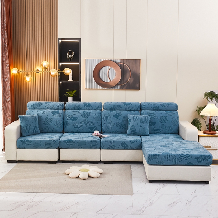 91家纺网 家纺一手货源 找家纺 逐日沙发套 2023新款阳离子雕花沙发套 饼干熊 蓝灰