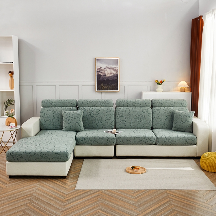 91家纺网 家纺一手货源 找家纺 逐日沙发套 2023新款阳离子雕花沙发套 太阳花 豆绿