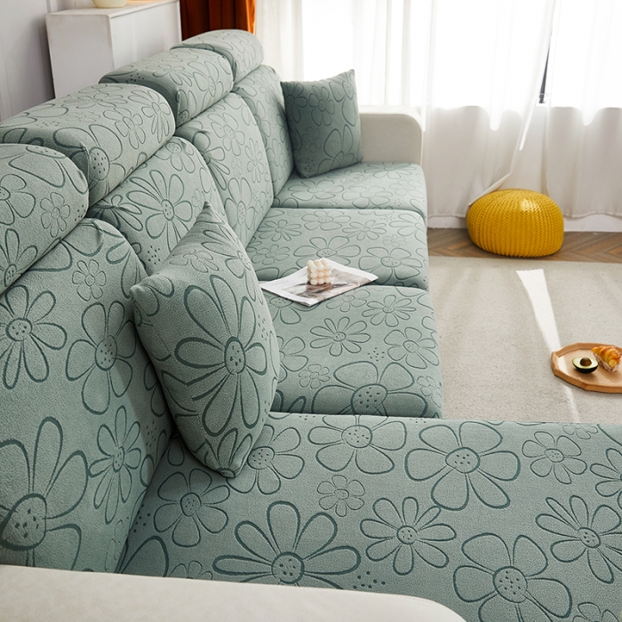 91家纺网 家纺一手货源 找家纺 逐日沙发套 2023新款阳离子雕花沙发套 太阳花 豆绿