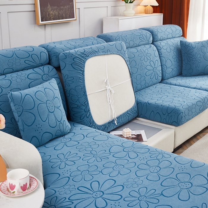 91家纺网 家纺一手货源 找家纺 逐日沙发套 2023新款阳离子雕花沙发套 太阳花 蓝灰