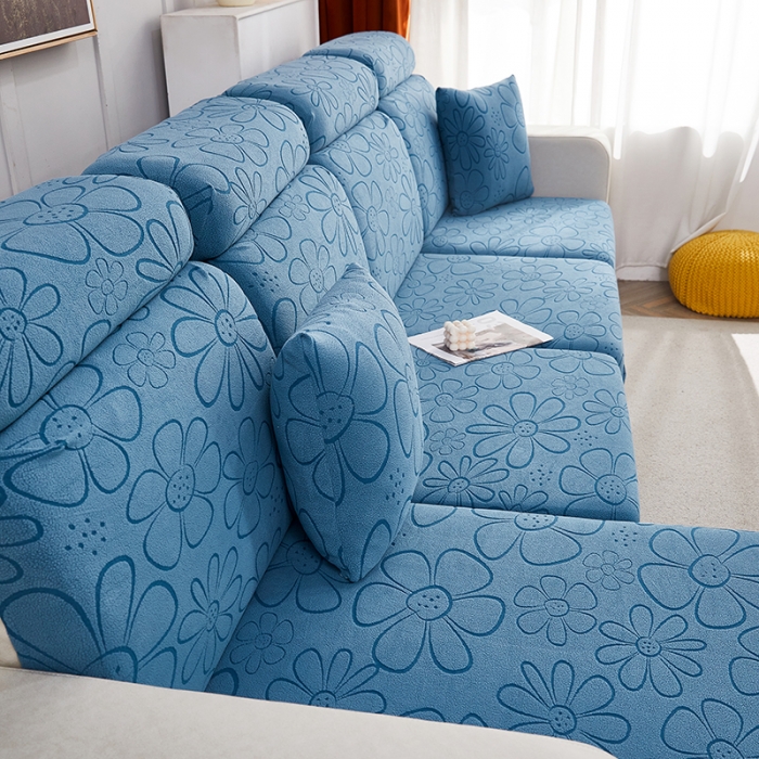 91家纺网 家纺一手货源 找家纺 逐日沙发套 2023新款阳离子雕花沙发套 太阳花 蓝灰