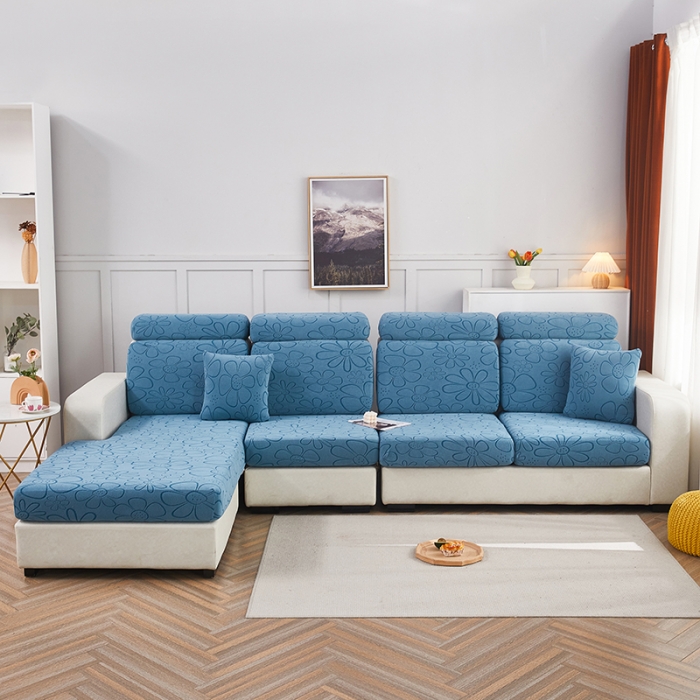 91家纺网 家纺一手货源 找家纺 逐日沙发套 2023新款阳离子雕花沙发套 太阳花 蓝灰
