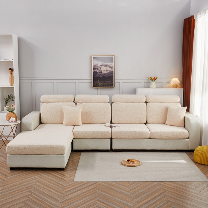 91家纺网 家纺一手货源 找家纺 逐日沙发套 2023新款阳离子雕花沙发套 太阳花 米黄