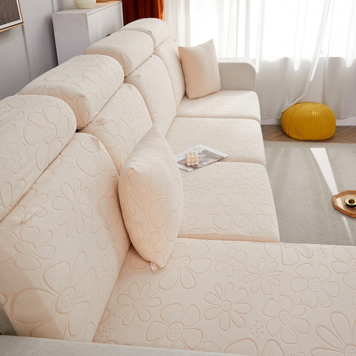 91家纺网 家纺一手货源 找家纺 逐日沙发套 2023新款阳离子雕花沙发套 太阳花 米黄