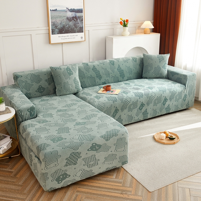 91家纺网 家纺一手货源 找家纺 逐日沙发套 2023新款阳离子雕花沙发套 饼干熊 豆绿