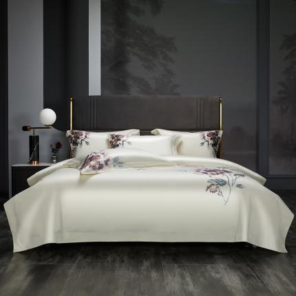 91家纺网 家纺一手货源 找家纺 缔缦 2022新款100s澳棉全工艺秋冬居家四件套-花影伊人 米白