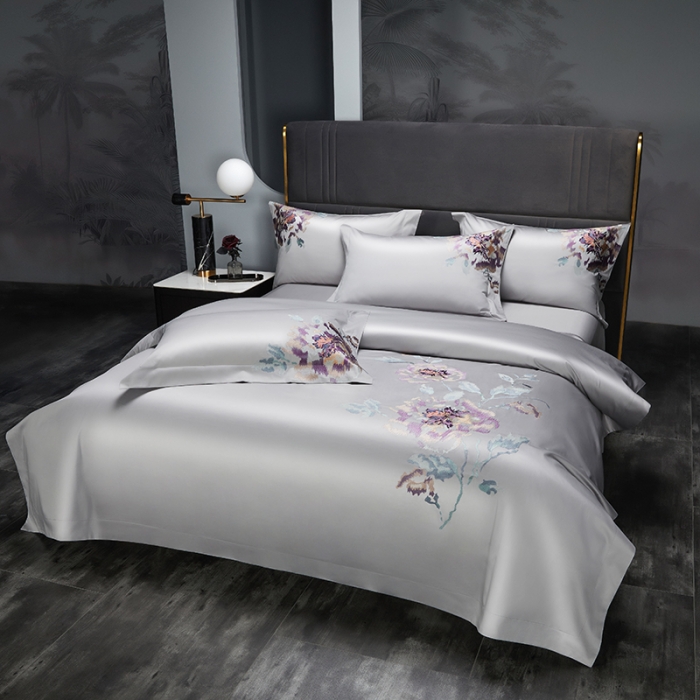 91家纺网 家纺一手货源 找家纺 缔缦 2022新款100s澳棉全工艺秋冬居家四件套-花影伊人 高级灰