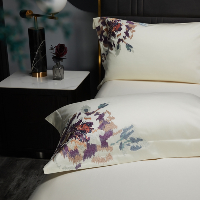 91家纺网 家纺一手货源 找家纺 缔缦 2022新款100s澳棉全工艺秋冬居家四件套-花影伊人 米白