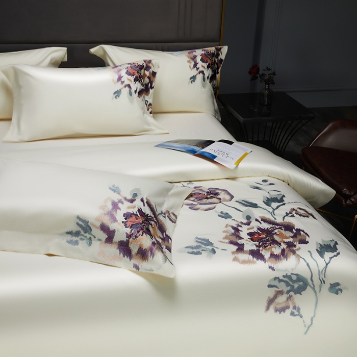 91家纺网 家纺一手货源 找家纺 缔缦 2022新款100s澳棉全工艺秋冬居家四件套-花影伊人 米白