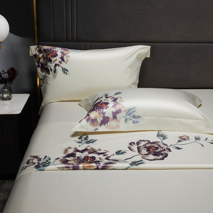 91家纺网 家纺一手货源 找家纺 缔缦 2022新款100s澳棉全工艺秋冬居家四件套-花影伊人 米白