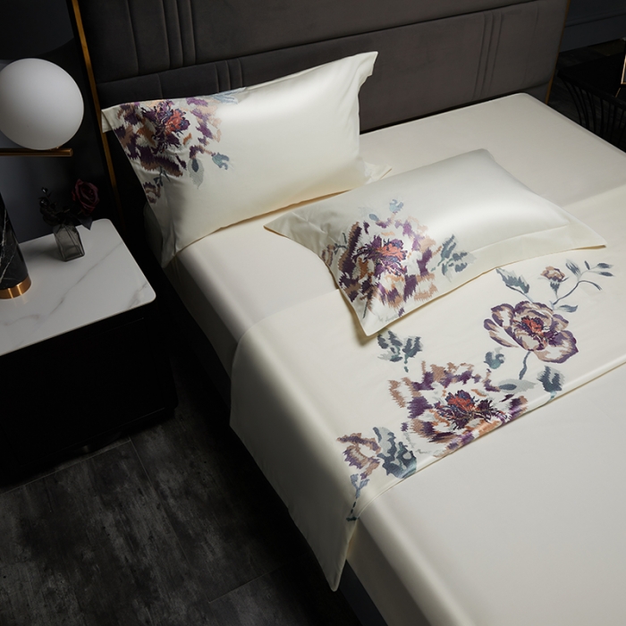 91家纺网 家纺一手货源 找家纺 缔缦 2022新款100s澳棉全工艺秋冬居家四件套-花影伊人 米白