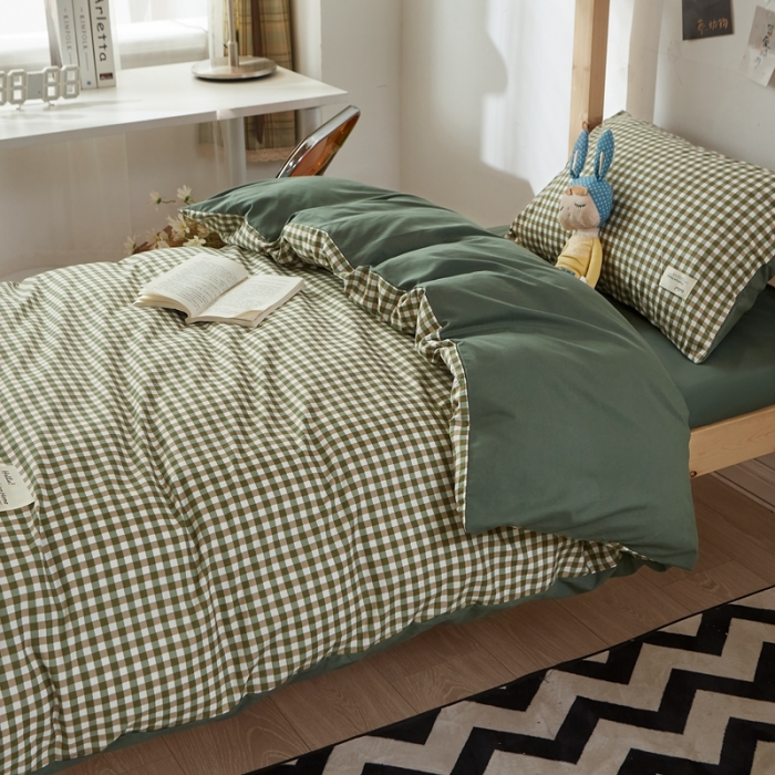 91家纺网 家纺一手货源 找家纺 水墨江南 2022新款学生三件套 草绿小格