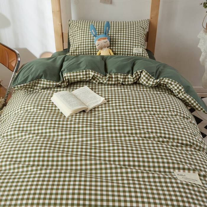 91家纺网 家纺一手货源 找家纺 水墨江南 2022新款学生三件套 草绿小格