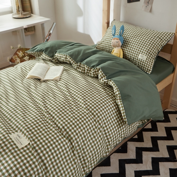 91家纺网 家纺一手货源 找家纺 水墨江南 2022新款学生三件套 草绿小格