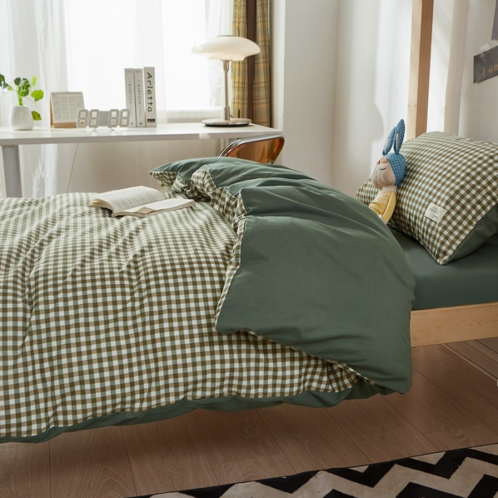 91家纺网 家纺一手货源 找家纺 水墨江南 2022新款学生三件套 草绿小格