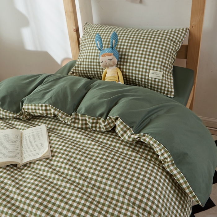 91家纺网 家纺一手货源 找家纺 水墨江南 2022新款学生三件套 草绿小格