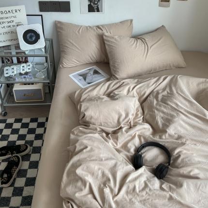 91家纺网 家纺一手货源 找家纺 优色良品 2023新款110克纯色超柔褶皱水洗棉四件套 奶茶