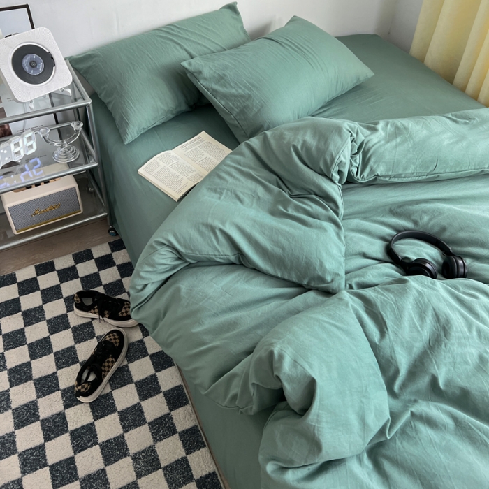 91家纺网 家纺一手货源 找家纺 优色良品 2023新款110克纯色超柔褶皱水洗棉四件套 暗夜绿