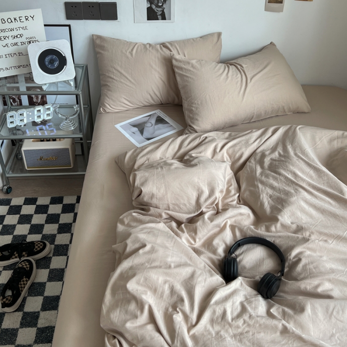 91家纺网 家纺一手货源 找家纺 优色良品 2023新款110克纯色超柔褶皱水洗棉四件套 奶茶