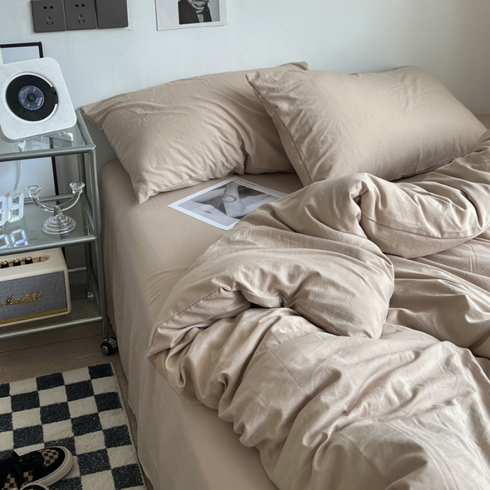 91家纺网 家纺一手货源 找家纺 优色良品 2023新款110克纯色超柔褶皱水洗棉四件套 奶茶