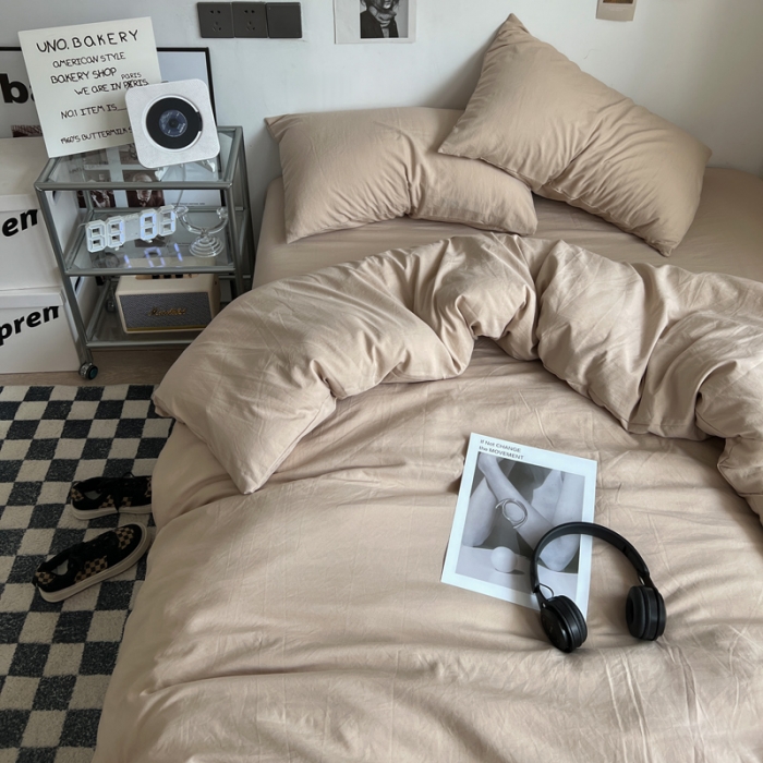 91家纺网 家纺一手货源 找家纺 优色良品 2023新款110克纯色超柔褶皱水洗棉四件套 奶茶