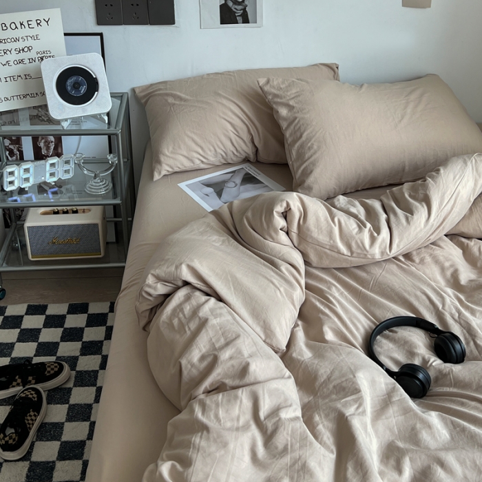 91家纺网 家纺一手货源 找家纺 优色良品 2023新款110克纯色超柔褶皱水洗棉四件套 奶茶