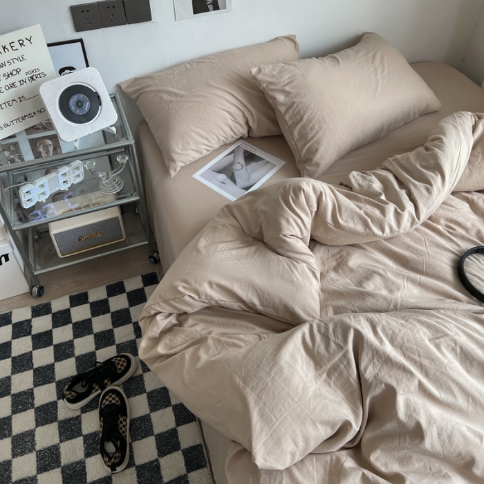 91家纺网 家纺一手货源 找家纺 优色良品 2023新款110克纯色超柔褶皱水洗棉四件套 奶茶