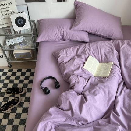 优色良品 2023新款110克纯色超柔褶皱水洗棉四件套 奶紫色