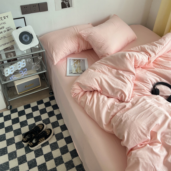 91家纺网 家纺一手货源 找家纺 优色良品 2023新款110克纯色超柔褶皱水洗棉四件套 仙女粉